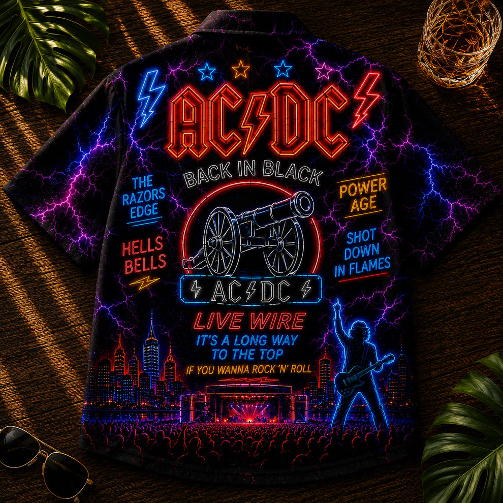 Hawaiian Shirt - Unisex Neon Light Angus Young Gibson Guitar Button Up Acd1
