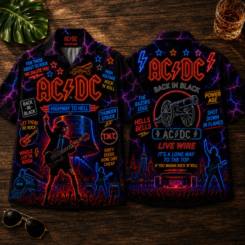 Hawaiian Shirt - Unisex Neon Light Angus Young Gibson Guitar Button Up Acd1