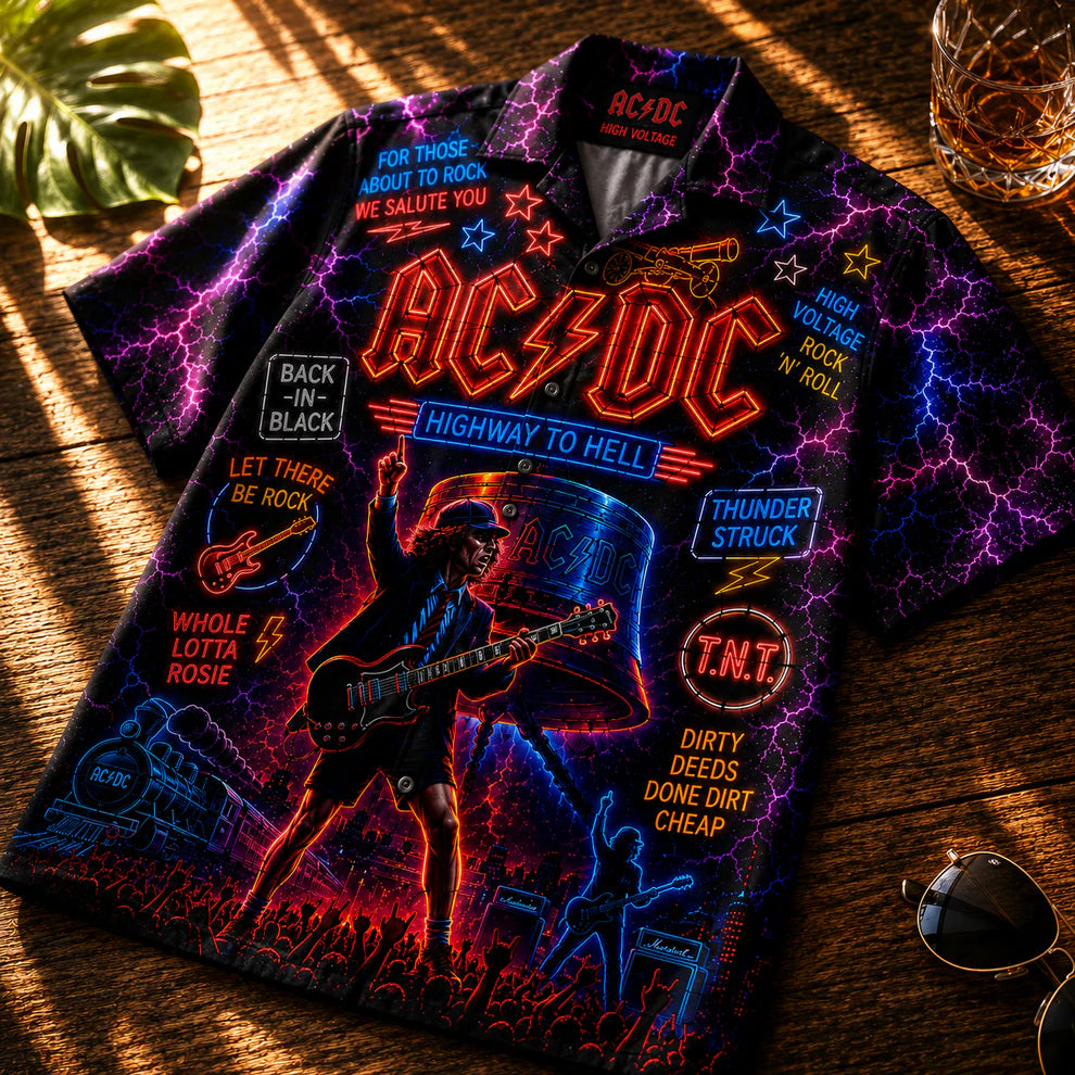 Hawaiian Shirt - Unisex Neon Light Angus Young Gibson Guitar Button Up Acd1