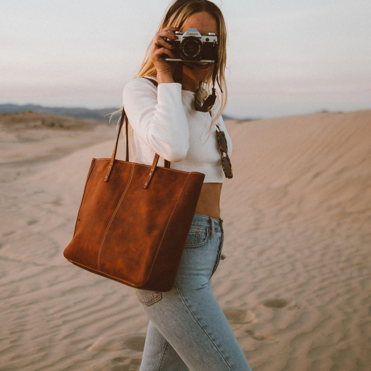 Carmel Leather Tote Bag, Durable Women Tote for Toiletries or Electronic Devices, Handcrafted High Quality Shoulder Laptop Tote