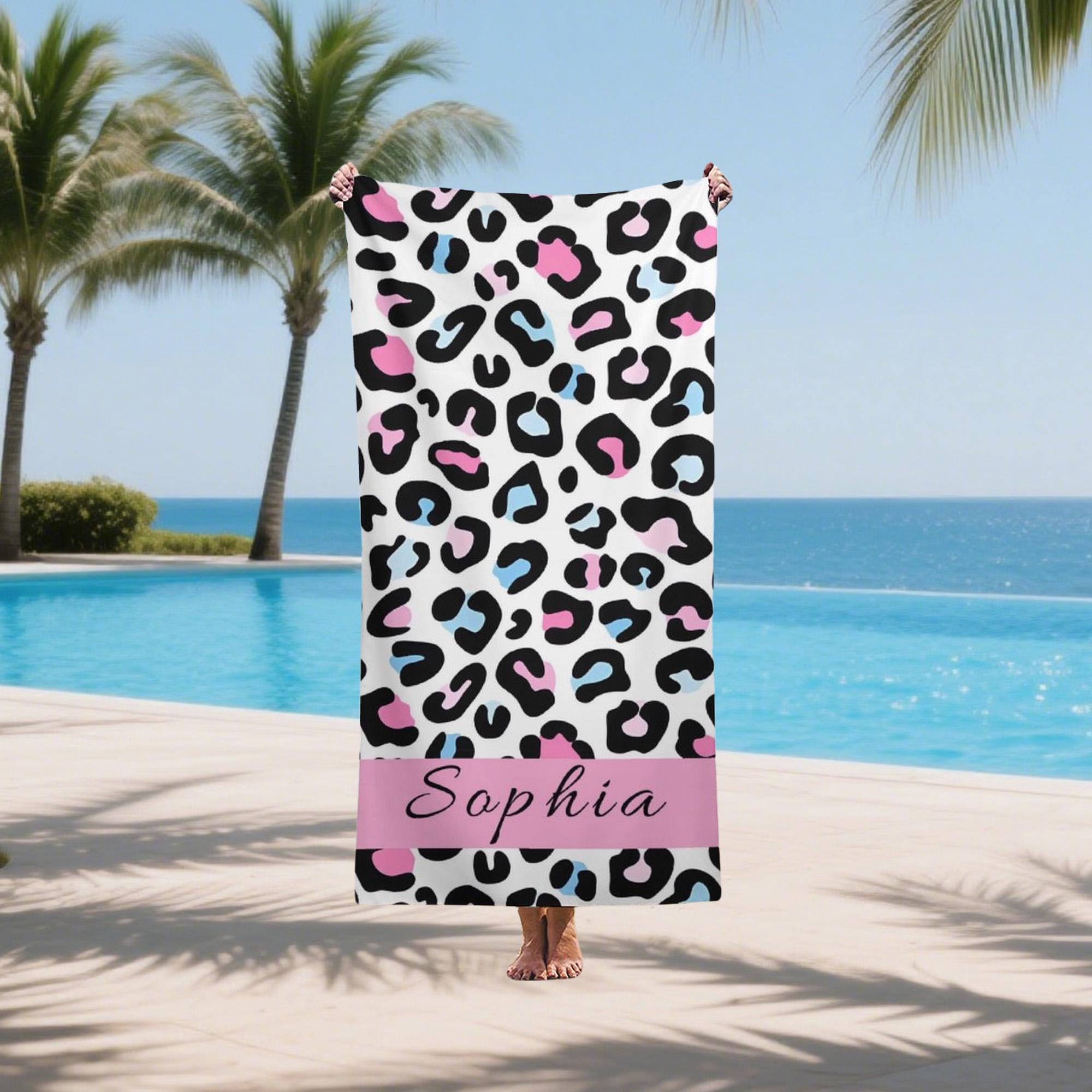 Leopard Name Beach Towel,beach Towel,leopard Beach Trip Gift,family Vacation Towels,personalized Bachelorette Party Gift
